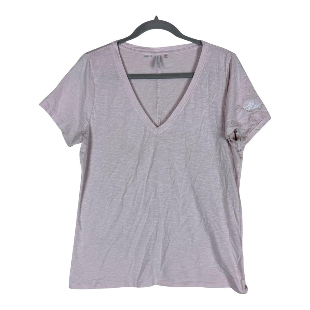 Travis Mathew Shirt Women's Large Pink V Neck Corona Beer Logo Tee Pima Stretch